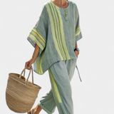 Corina – top elegant din lavandă și pantaloni cu dungi muștar