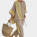 Corina – top elegant din lavandă și pantaloni cu dungi muștar