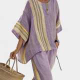 Corina – top elegant din lavandă și pantaloni cu dungi muștar