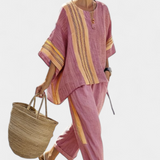 Corina – top elegant din lavandă și pantaloni cu dungi muștar