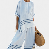 Magdalena – top asimetric, sofisticat cu dungi și pantaloni îndrăzneți