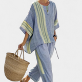 Corina – top elegant din lavandă și pantaloni cu dungi muștar