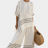 Magdalena – top asimetric, sofisticat cu dungi și pantaloni îndrăzneți