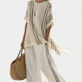 Beatrice – bluză elegantă de culoare ivoire și pantaloni negri cu dungi