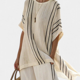 Beatrice – bluză elegantă de culoare ivoire și pantaloni negri cu dungi