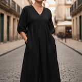 Maxi Rochie Femei Decolteu în V Mâneci Puff Buzunare Laterale Croi Relaxat