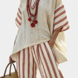 Rodica – top elegant rustic cu dungi și pantaloni crem