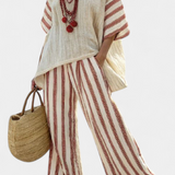 Rodica – top elegant rustic cu dungi și pantaloni crem