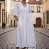 Maxi Rochie Femei Decolteu în V Mâneci Puff Buzunare Laterale Croi Relaxat